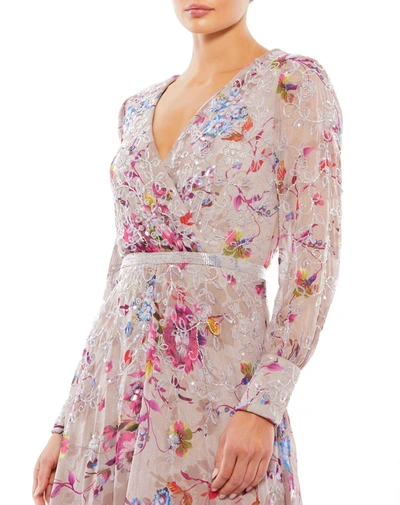 Shop Mac Duggal Long Sleeve Midi Dress In Mauve Multi