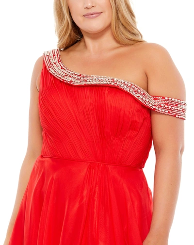 Shop Mac Duggal Beaded Drop Shoulder Pleated Flowy Gown (plus) - Final Sale In Red