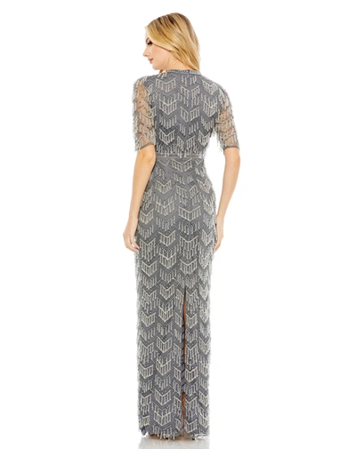 Mac Duggal Beaded Fringe Quarter Sleeve Column Gown In Charcoal