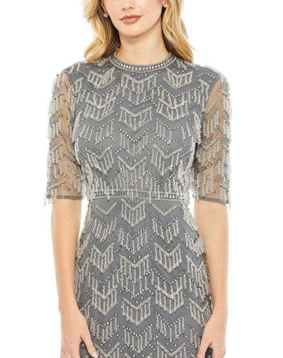 Mac Duggal Beaded Fringe Quarter Sleeve Column Gown In Charcoal