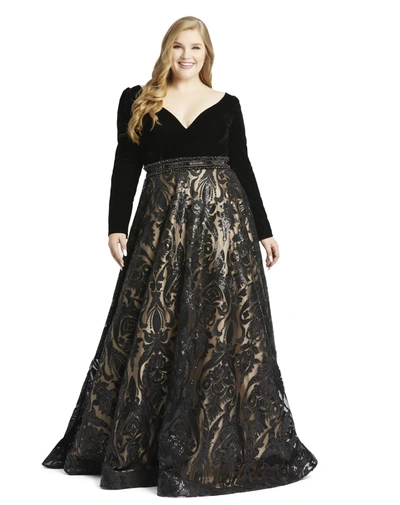 Shop Mac Duggal Beaded Velvet Evening Gown (plus) In Black / Nude