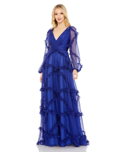Shop Mac Duggal Cascading Ruffle Puff Sleeve A Line Gown In Sapphire