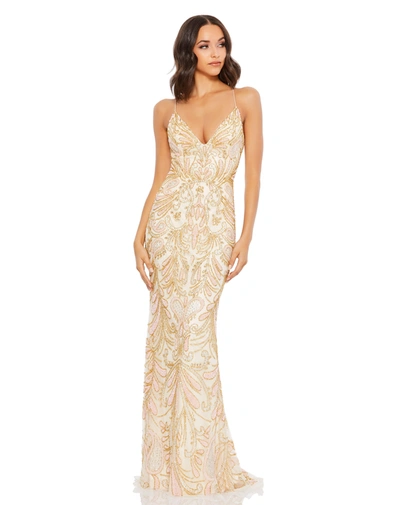 Shop Mac Duggal Champagne Strappy Back Beaded Gown
