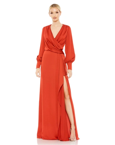 Mac Duggal Charmeuse Gown With Draped Bodice And Front Slit In Brick