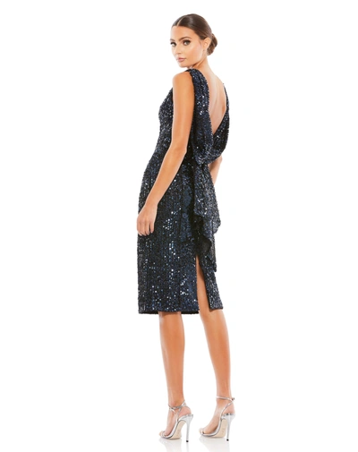 Shop Ieena For Mac Duggal Draped Back Boat Neck Sequined Cocktail Dress In Midnight