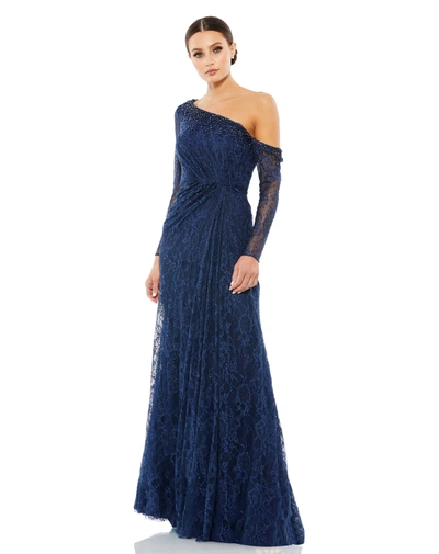 Shop Mac Duggal Draped Jewel Encrusted Lace Drop Shoulder Gown In Navy