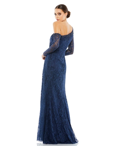 Shop Mac Duggal Draped Jewel Encrusted Lace Drop Shoulder Gown In Navy