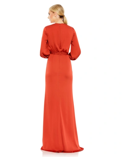 Mac Duggal Charmeuse Gown With Draped Bodice And Front Slit In Brick