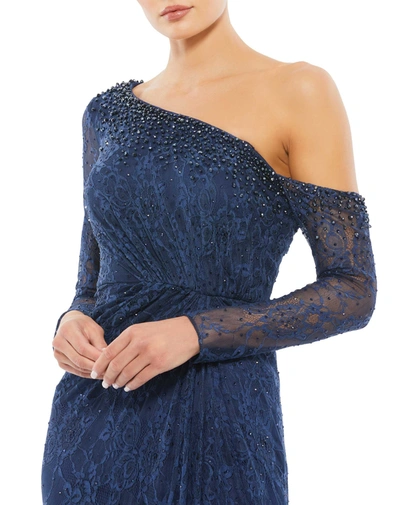 Shop Mac Duggal Draped Jewel Encrusted Lace Drop Shoulder Gown In Navy