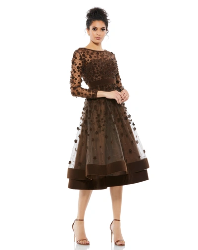 Shop Mac Duggal Embellished Illusion High Neck Long Sleeve Fit & Flare In Coffee