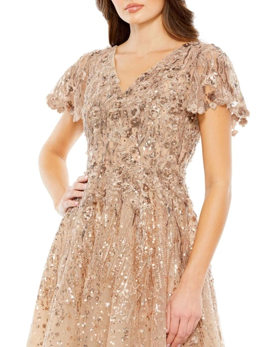 Shop Mac Duggal Embellished Butterfly Fit And Flare Tea-length Dress In Taupe