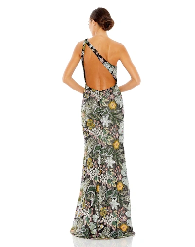 Mac Duggal Floral Sequin-embroidered One-shoulder Gown In Black Multi