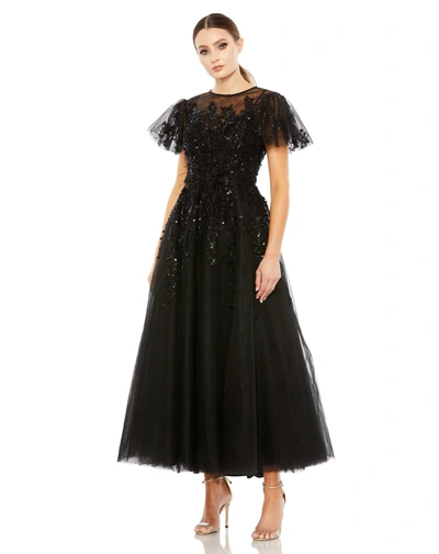 Shop Mac Duggal Embellished Flutter Sleeve Bow Waist A Line Dress In Black