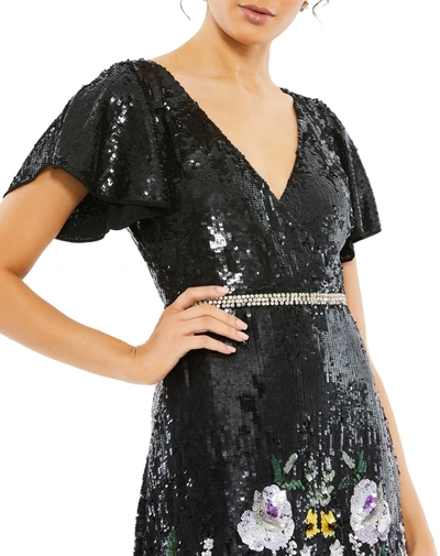 Shop Mac Duggal Embellished V Neck Flutter Sleeve Dress In Black
