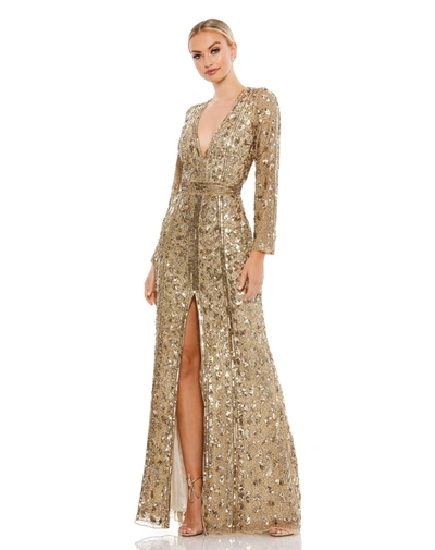 Shop Mac Duggal Embellished Front Slit Long Sleeve Gown In Antique Gold