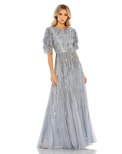 Shop Mac Duggal Embellished Full Length Layered Sleeve Gown In Slate Blue