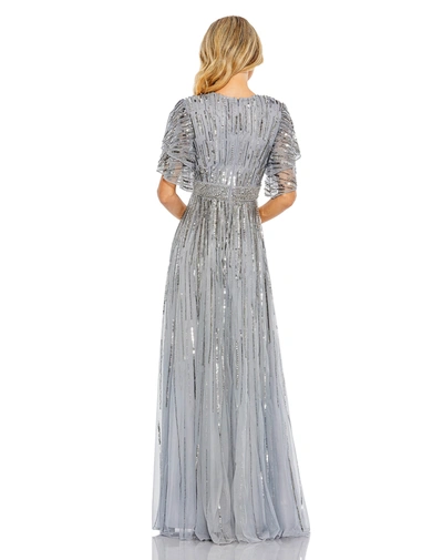 Shop Mac Duggal Embellished Full Length Layered Sleeve Gown In Slate Blue