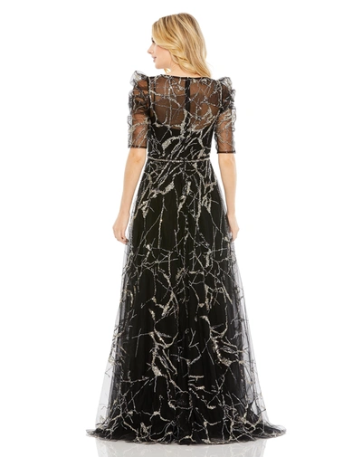 Shop Mac Duggal Embellished Gathered Puff Sleeve Faux Wrap Gown In Black