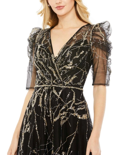 Shop Mac Duggal Embellished Gathered Puff Sleeve Faux Wrap Gown In Black