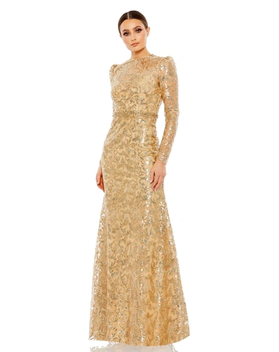 Shop Mac Duggal Embellished High Neck Long Sleeve Gown In Gold