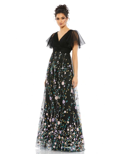 Shop Mac Duggal Embroidered Illusion Butterfly Sleeve V Neck Gown In Black Multi