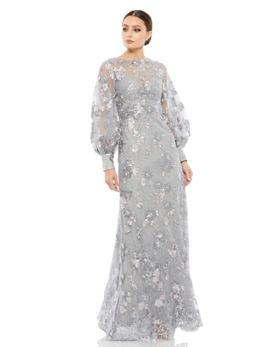 Shop Mac Duggal Embellished Illusion High Neck Bishop Sleeve Gown In Platinum