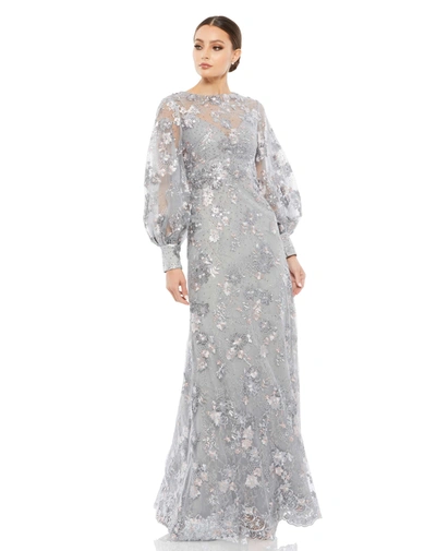 Mac Duggal Embellished Illusion High-neck Bishop-sleeve Gown In Platinum