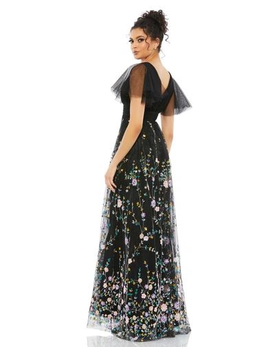 Shop Mac Duggal Embroidered Illusion Butterfly Sleeve V Neck Gown In Black Multi