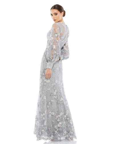 Shop Mac Duggal Embellished Illusion High Neck Bishop Sleeve Gown In Platinum