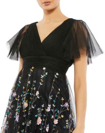 Shop Mac Duggal Embroidered Illusion Butterfly Sleeve V Neck Gown In Black Multi