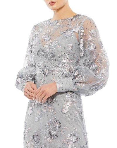 Shop Mac Duggal Embellished Illusion High Neck Bishop Sleeve Gown In Platinum