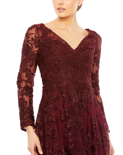 Shop Mac Duggal Embellished Illusion Long Sleeve V Neck Gown In Mahogany