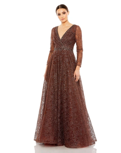 Shop Mac Duggal Embellished Illusion Long Sleeve V Neck Gown In Chocolate