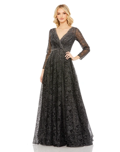 Shop Mac Duggal Embellished Illusion Long Sleeve V Neck Gown In Graphite
