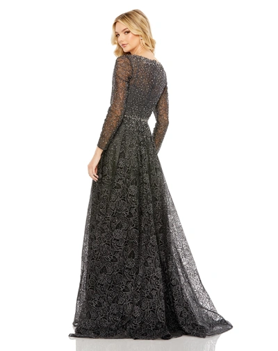 Shop Mac Duggal Embellished Illusion Long Sleeve V Neck Gown In Graphite