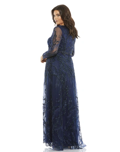 Shop Mac Duggal Embellished Illusion Long Sleeve V-neck A-line Gown (plus) In Midnight