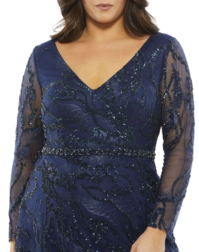 Shop Mac Duggal Embellished Illusion Long Sleeve V-neck A-line Gown (plus) In Midnight