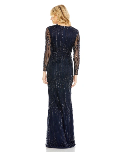 Mac Duggal Sequin Stripe Long Sleeve Column Gown In Midnight