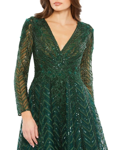 Shop Mac Duggal Embellished Long Sleeve Wrap Over Dress In Emerald