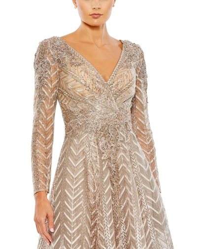 Shop Mac Duggal Embellished Long Sleeve Wrap Over Dress In Taupe