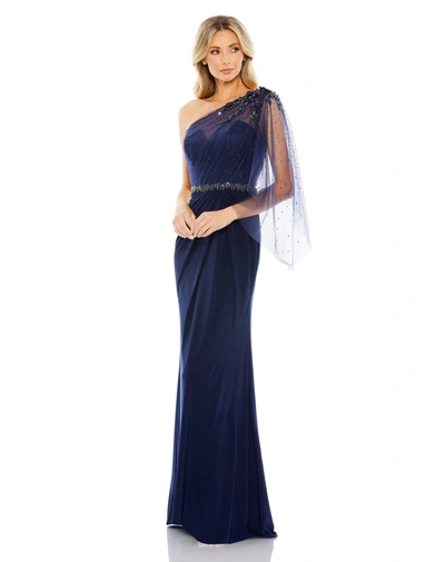 Shop Mac Duggal Embellished One Shoulder Draped Gown In Navy