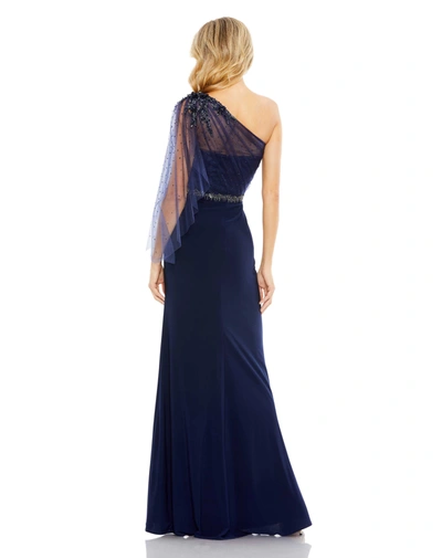Shop Mac Duggal Embellished One Shoulder Draped Gown In Navy