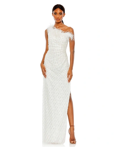 Mac Duggal One-shoulder Floral Sequin Feather Trim Sheath Gown In White