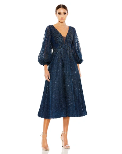Shop Mac Duggal Embellished Plunge Neck Bishop Sleeve Dress In Midnight