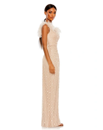 Shop Mac Duggal Embellished One Shoulder Gown W/ Ostrich Feathers In Rose