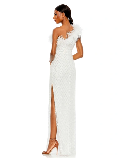 Shop Mac Duggal Embellished One Shoulder Gown W/ Ostrich Feathers In White