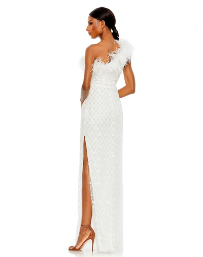 Mac Duggal One-shoulder Floral Sequin Feather Trim Sheath Gown In White