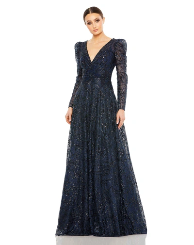 Shop Mac Duggal Embellished V Neck Long Sleeve A Line Gown In Midnight