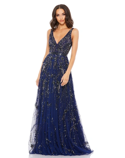 Shop Mac Duggal Embellished V-neck Long Gown In Midnight