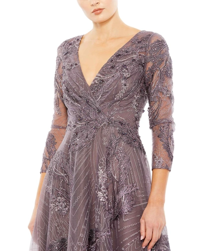 Shop Mac Duggal Embellished Wrap Over 3/4 Sleeve Dress In Aubergine